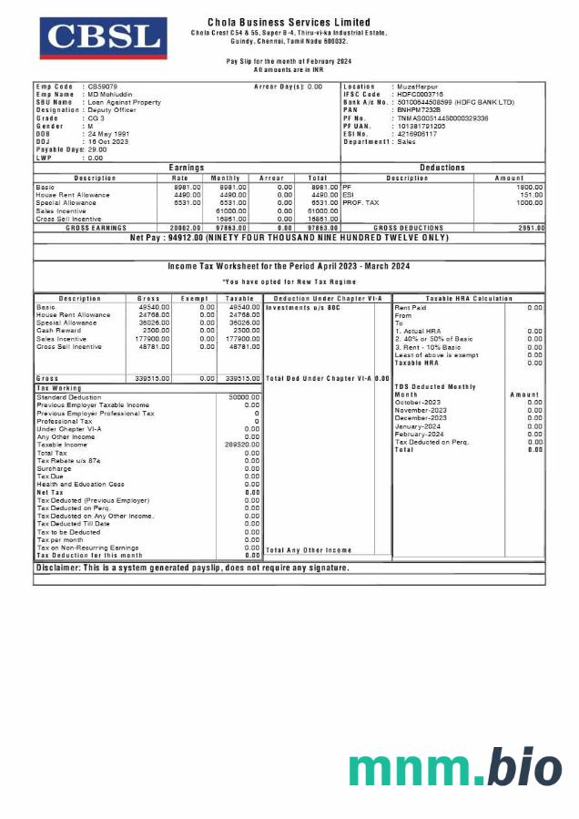 Szablon odcinka wypłaty Chola Business Services w formatach Word i PDF